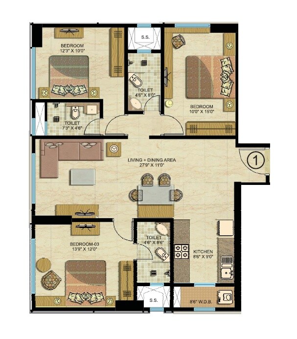 Floor plan of 3 BHK 1496 Sq. Ft. Apartment in Fair Deal Ocean 360, Mumbai