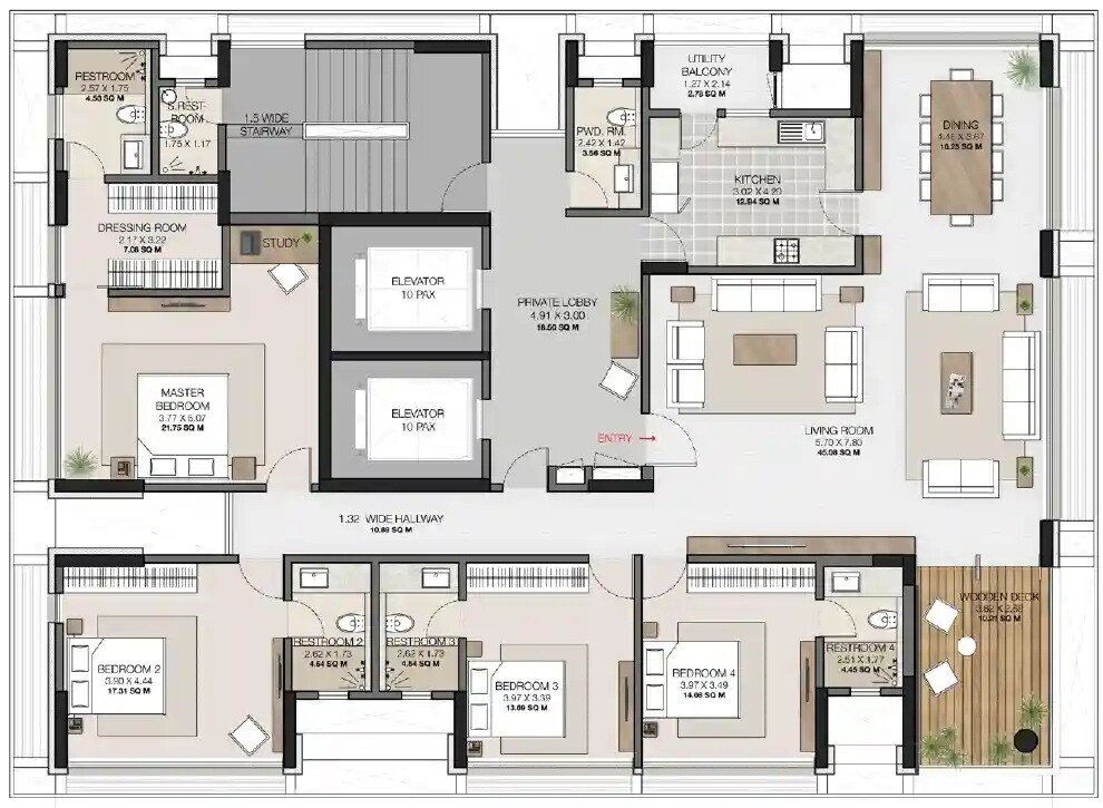 Floor plan of 4 BHK 1945 Sq. Ft. Apartment in Five Senses Garden 6, Mumbai