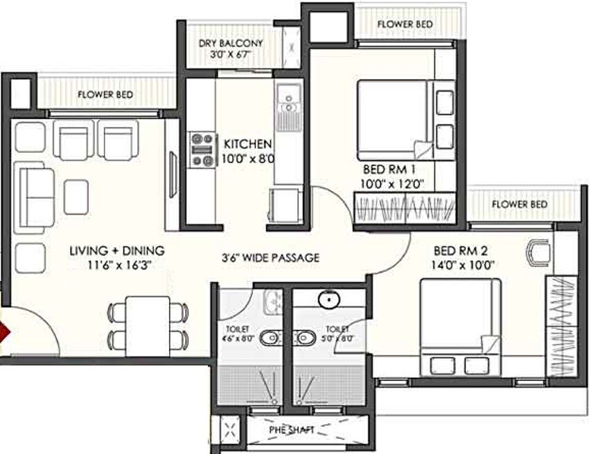 Floor plan of 2 BHK 675 Sq. Ft. Apartment in Flying Kite, Mumbai