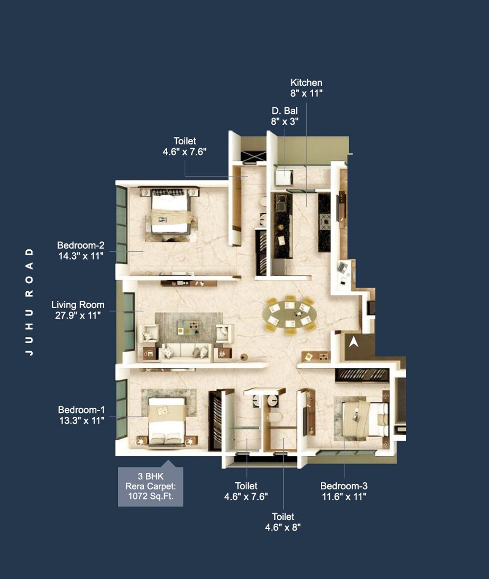 Floor plan of 3 BHK 1075 Sq. Ft. Apartment in Forishna Nav Chetna, Mumbai