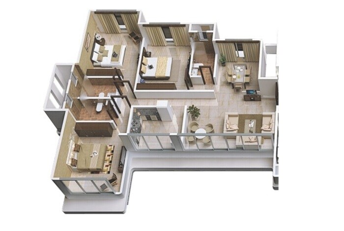 Floor plan of 3 BHK 1200 Sq. Ft. Apartment in Fortune Avirahi, Mumbai