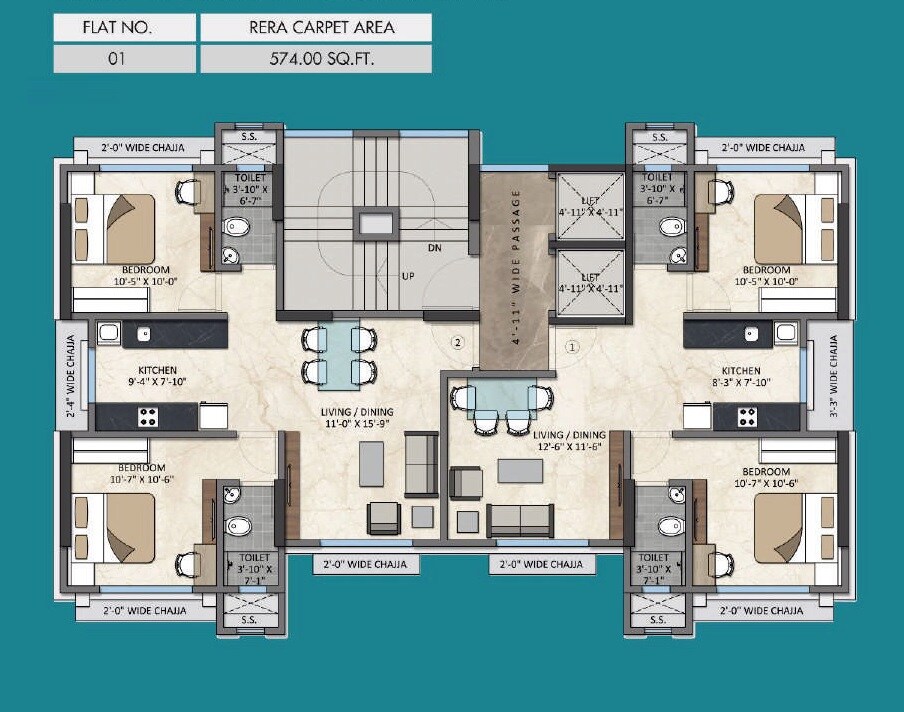 Floor plan of 2 BHK 574 Sq. Ft. Apartment in Fortune Elite Mulund West, Mumbai