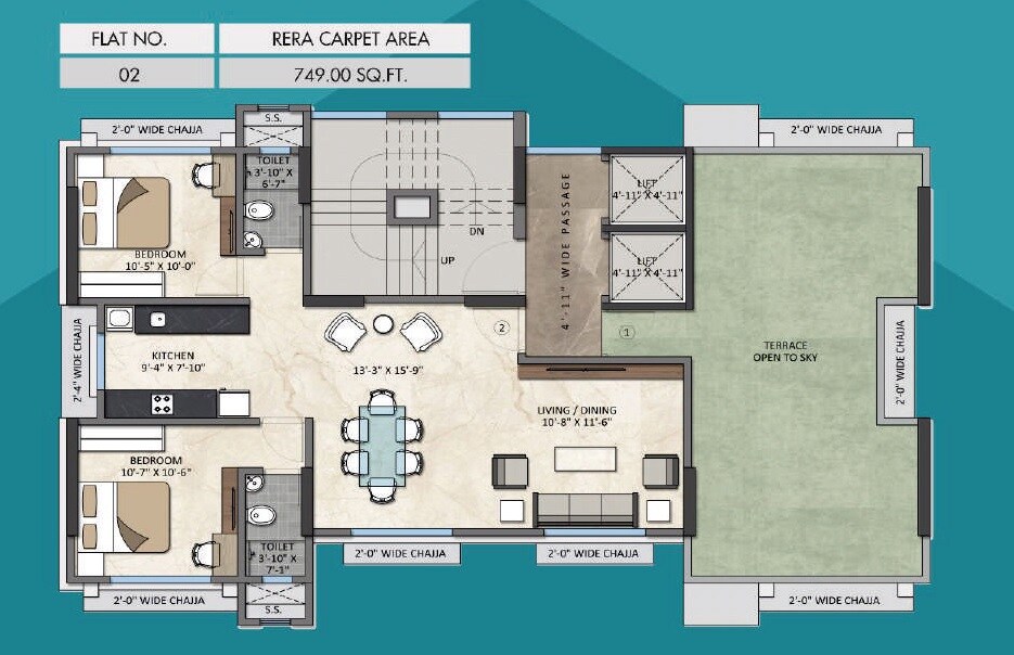Floor plan of 2 BHK 749 Sq. Ft. Apartment in Fortune Elite Mulund West, Mumbai