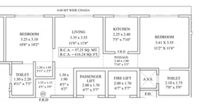 Floor plan of 2 BHK 616 Sq. Ft. Apartment in Fortune Venetian, Mumbai