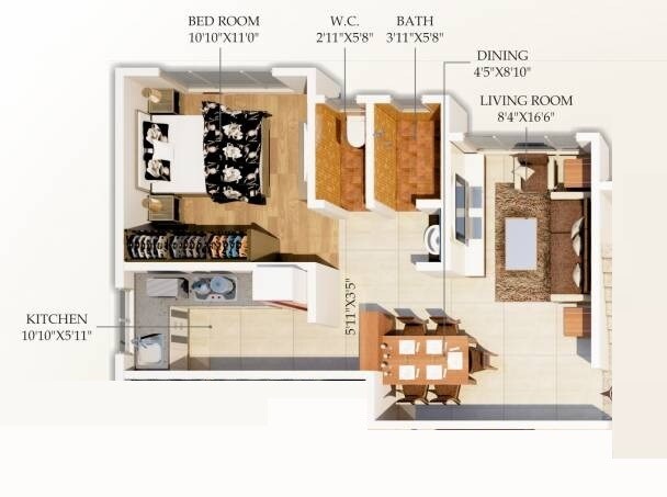 Floor plan of 1 BHK Apartment - 346 sq. ft. in Funsign Saylee Enclave, Mumbai