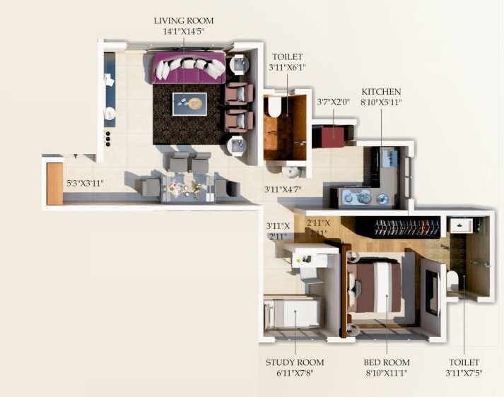 Floor plan of 1 BHK Apartment - 555 sq. ft. in Funsign Saylee Enclave, Mumbai