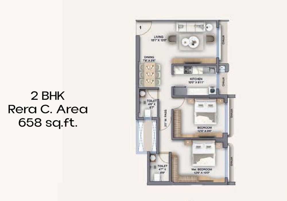 2 BHK 658 Sq. Ft. Apartment