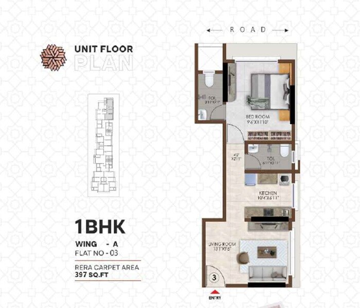 Floor plan of 1 BHK 390 Sq. Ft. Apartment in G Apple Vastu, Mumbai