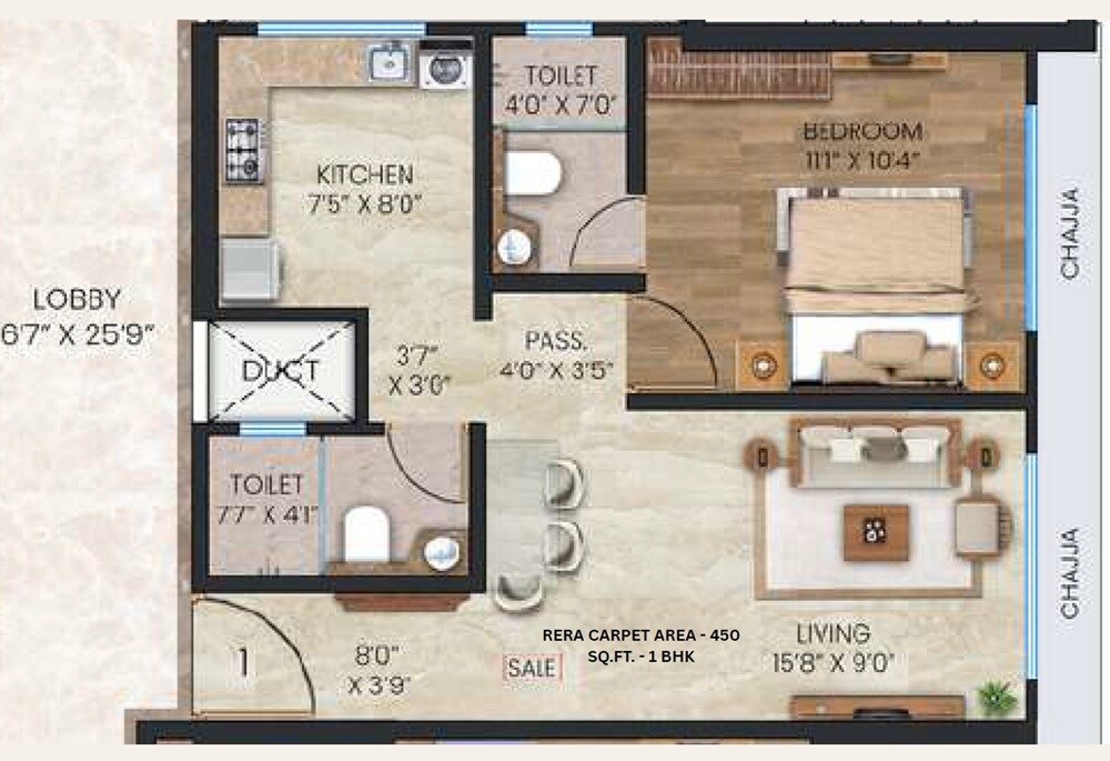 1 BHK 450 Sq. Ft. Apartment