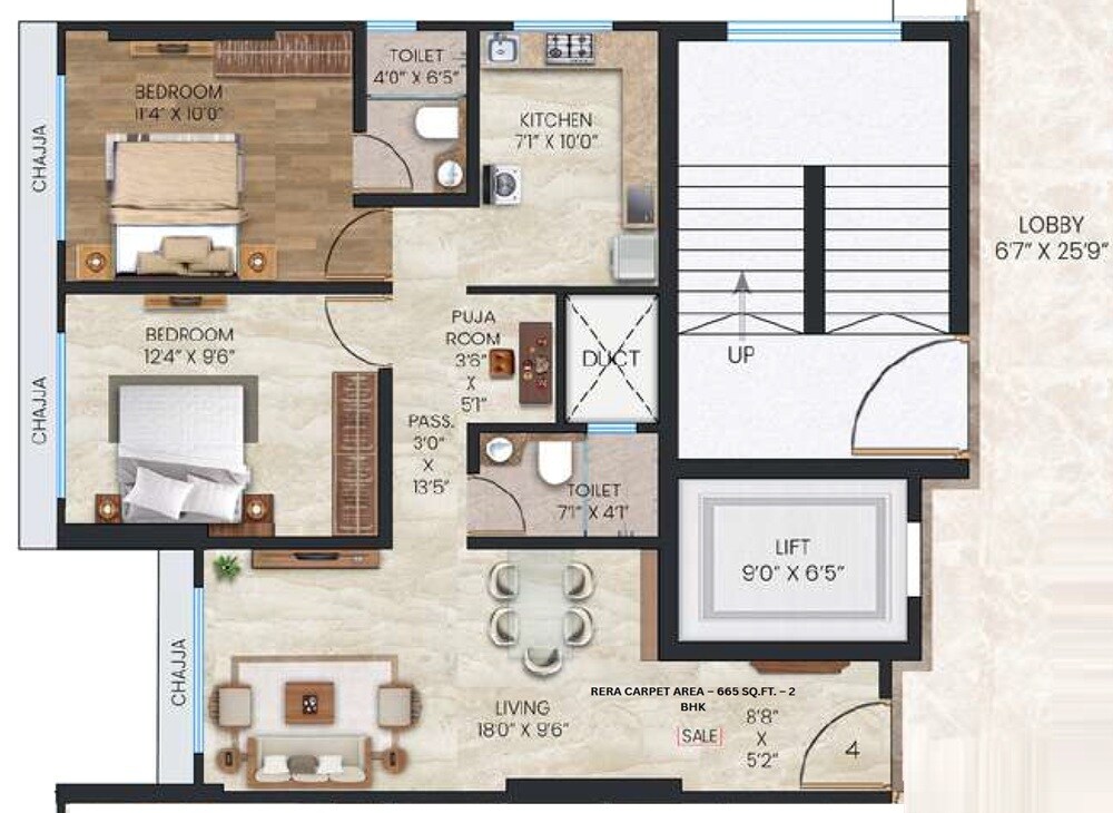 2 BHK 665 Sq. Ft. Apartment
