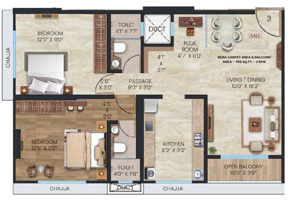 2 BHK 799 Sq. Ft. Apartment