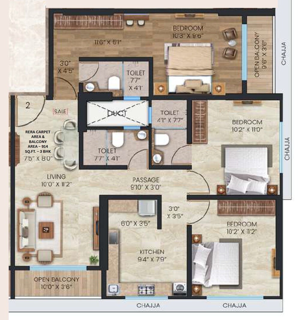 3 BHK 914 Sq. Ft. Apartment