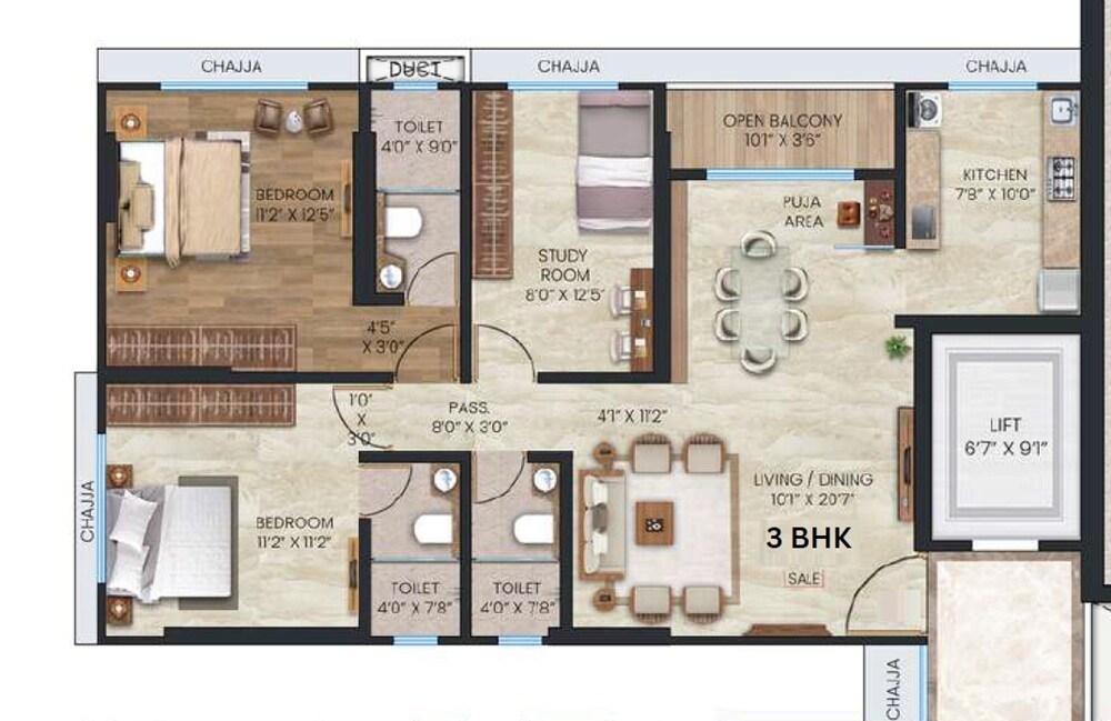 Floor plan of 3 BHK 935 Sq. Ft. Apartment in Gagangiri Anvaya, Mumbai