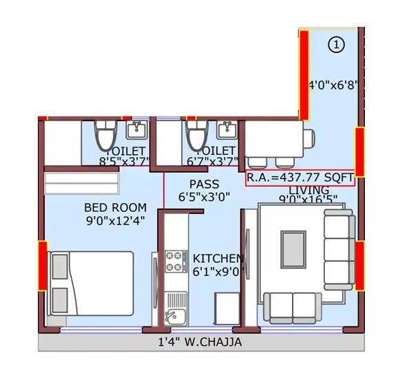 Floor plan of 1 BHK 450 Sq. Ft. Apartment in Gagangiri Gagan 138, Mumbai
