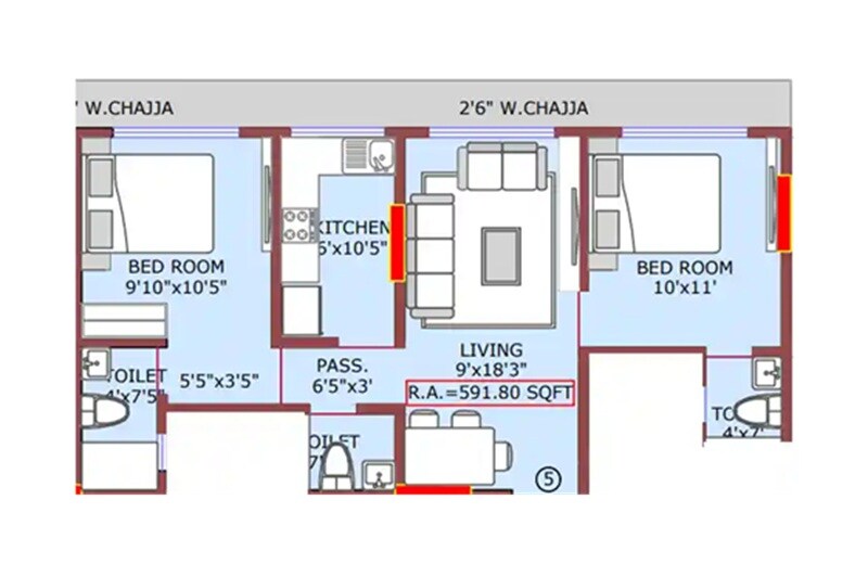 Floor plan of 2 BHK 595 Sq. Ft. Apartment in Gagangiri Gagan 138, Mumbai