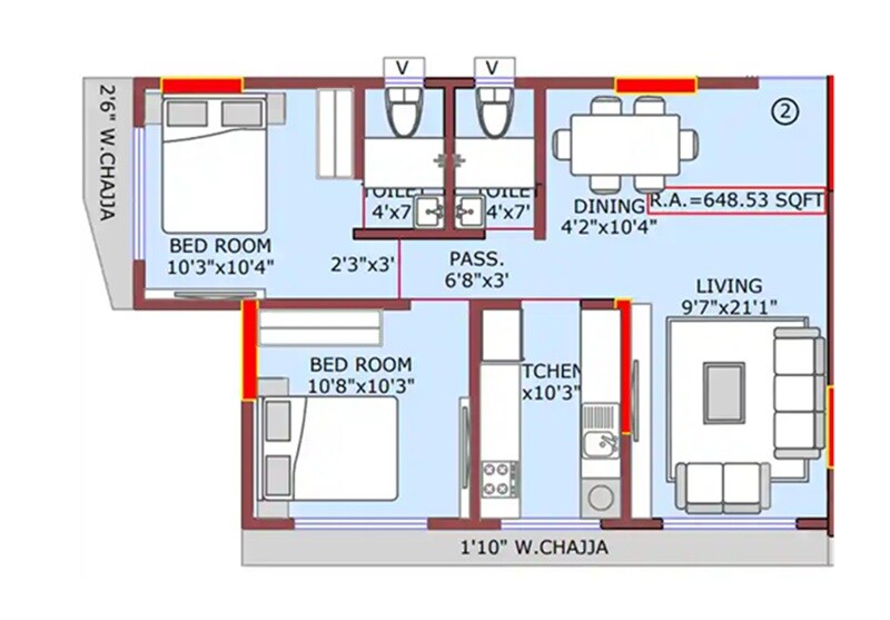 Floor plan of 2 BHK 650 Sq. Ft. Apartment in Gagangiri Gagan 138, Mumbai