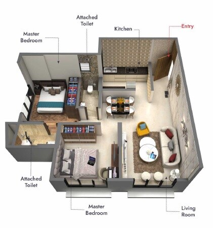 Floor plan of 2 BHK 582 Sq. Ft. Apartment in Gagangiri Gagan 139, Mumbai