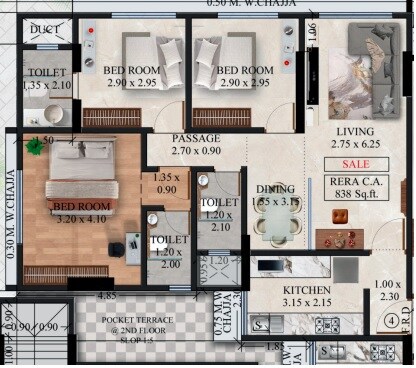 Floor plan of 3 BHK 838 Sq. Ft. Apartment in Gagangiri Gagan 52, Mumbai