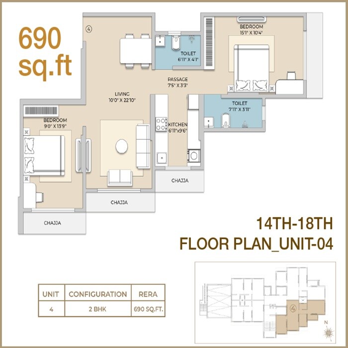 Floor plan of 2 BHK 690 Sq. Ft. Apartment in Gagangiri New Parvati Apartments, Mumbai
