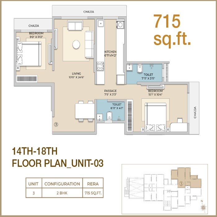 Floor plan of 2 BHK 715 Sq. Ft. Apartment in Gagangiri New Parvati Apartments, Mumbai