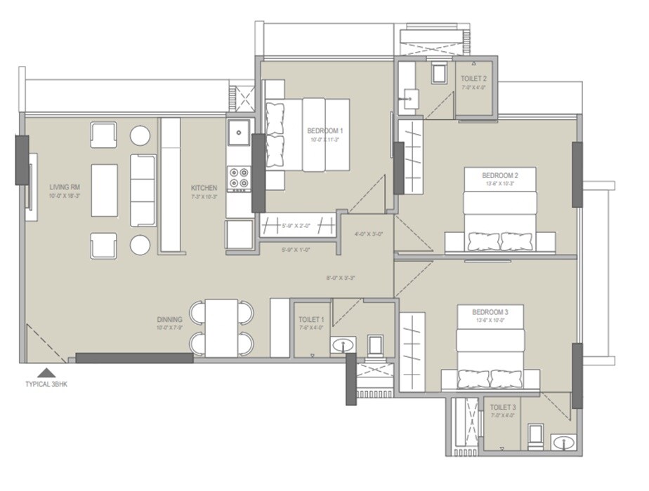 Floor plan of 3 BHK 897 Sq. Ft. Apartment in Gaiagen Park Residences, Mumbai