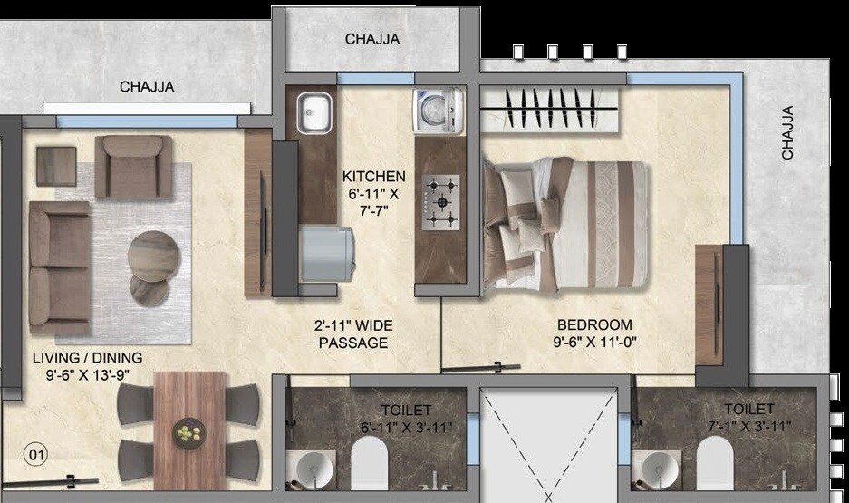 Floor plan of 1 BHK 386 Sq. Ft. Apartment in Gala Swayam, Mumbai