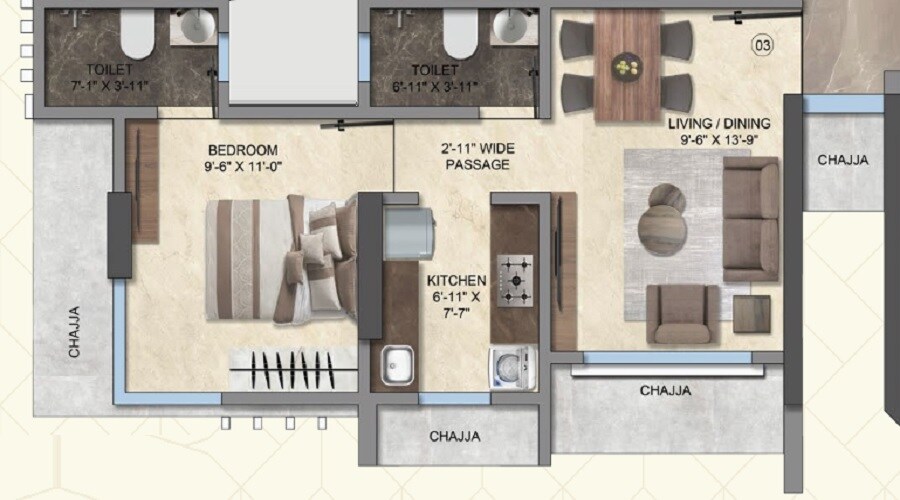 Floor plan of 1 BHK 408 Sq. Ft. Apartment in Gala Swayam, Mumbai