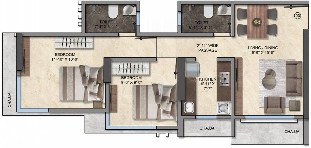 Floor plan of 2 BHK 542 Sq. Ft. Apartment in Gala Swayam, Mumbai