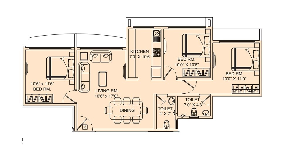 Floor plan of 3 BHK 750 Sq. Ft. Apartment in Galaxy Pinnacle, Mumbai