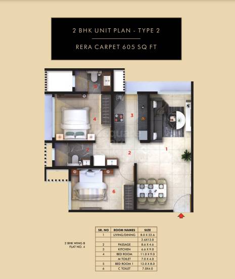 Floor plan of 2 BHK 605 Sq. Ft. Apartment in Gami And Jaydeep Estella, Mumbai