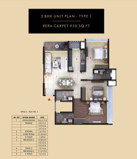 Floor plan of 3 BHK 950 Sq. Ft. Apartment in Gami And Jaydeep Estella, Mumbai