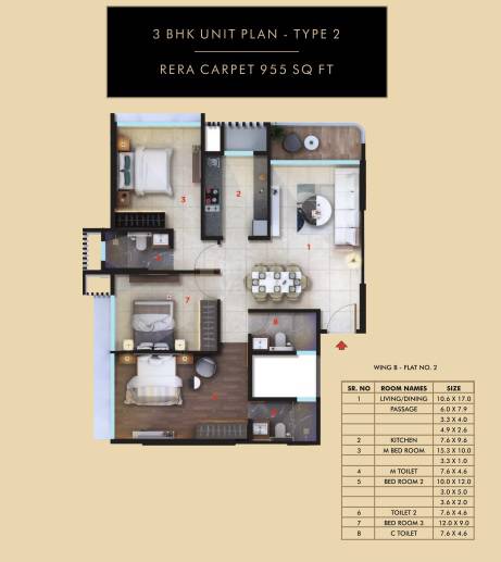 Floor plan of 3 BHK 955 Sq. Ft. Apartment in Gami And Jaydeep Estella, Mumbai