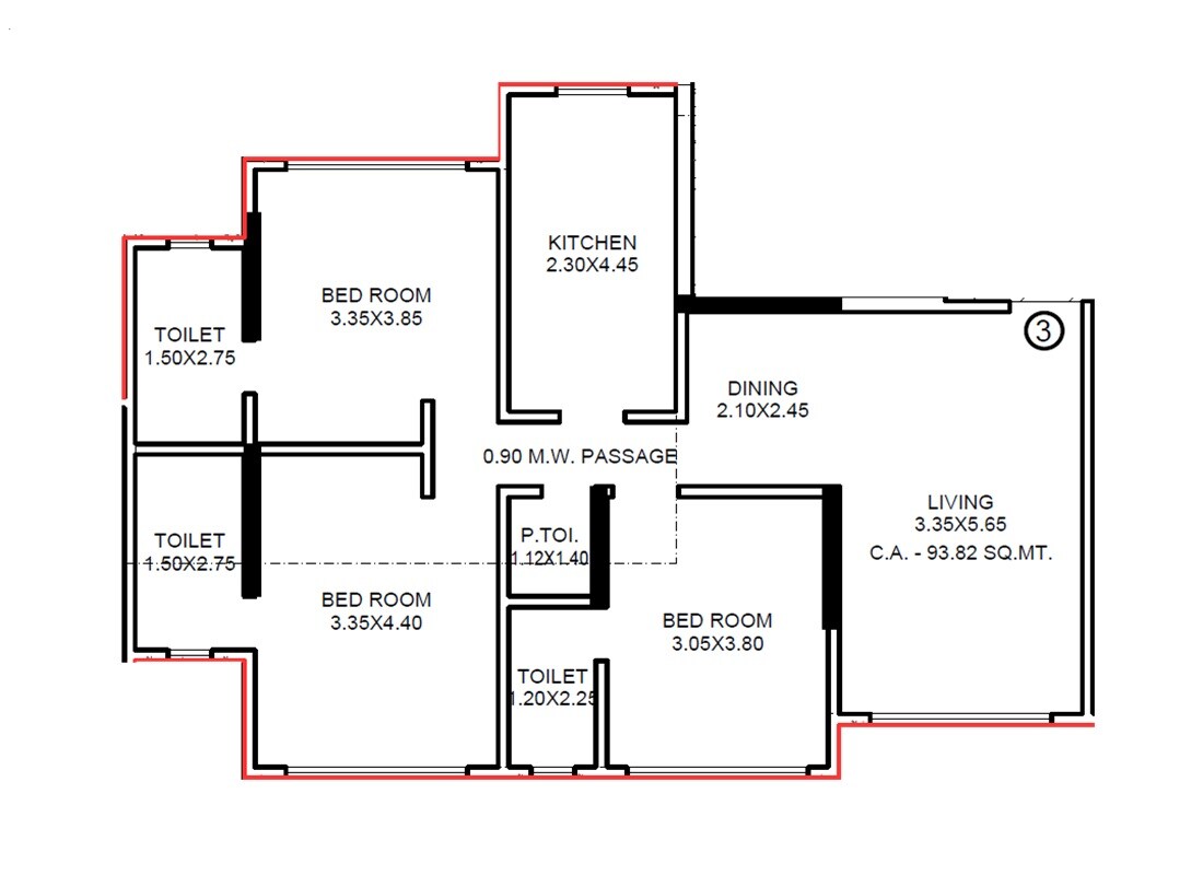 Floor plan of 3 BHK 1010 Sq. Ft. Apartment in Gami Pravah, Mumbai