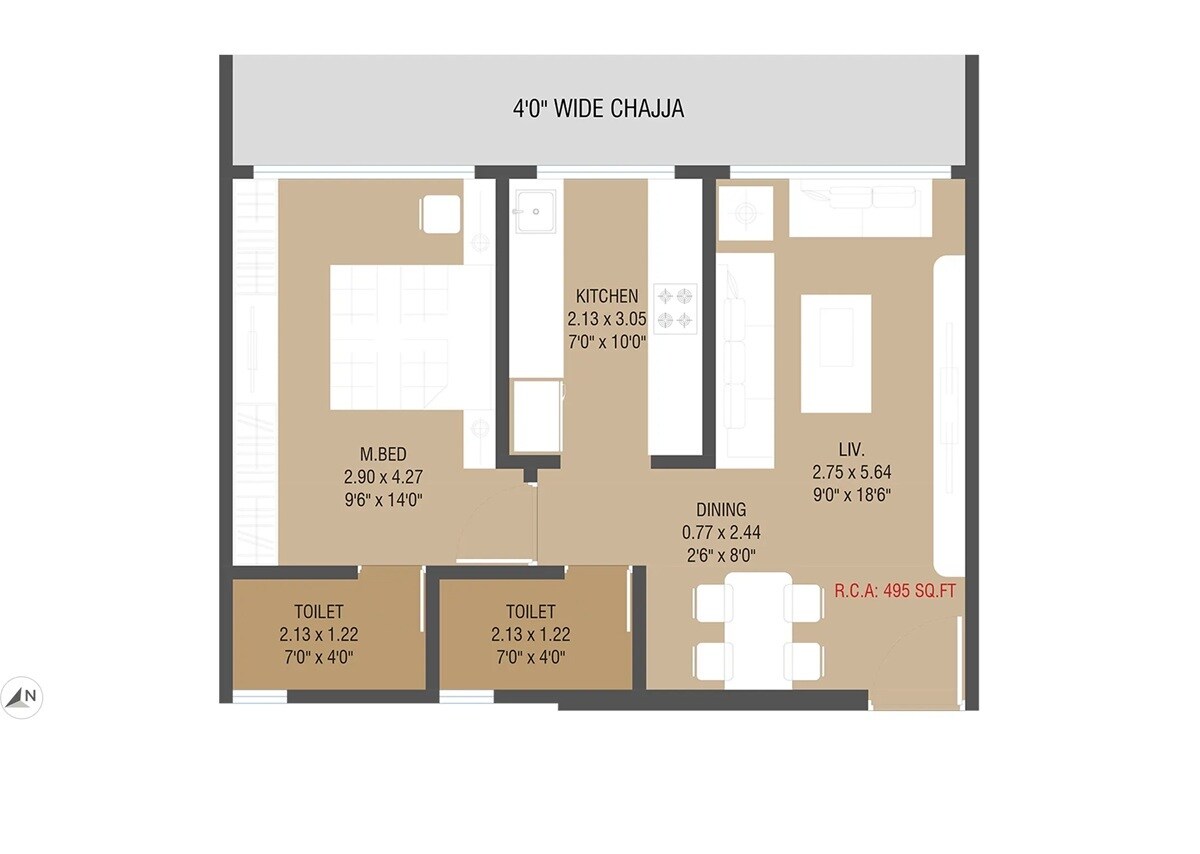 Floor plan of 1 BHK 495 Sq. Ft. Apartment in Gami Pristine, Mumbai