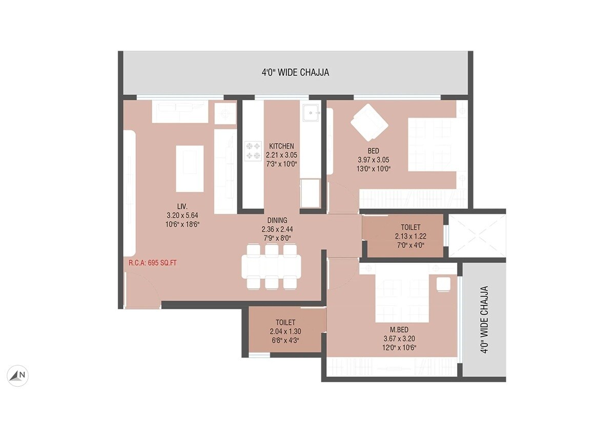 Floor plan of 2 BHK 695 Sq. Ft. Apartment in Gami Pristine, Mumbai