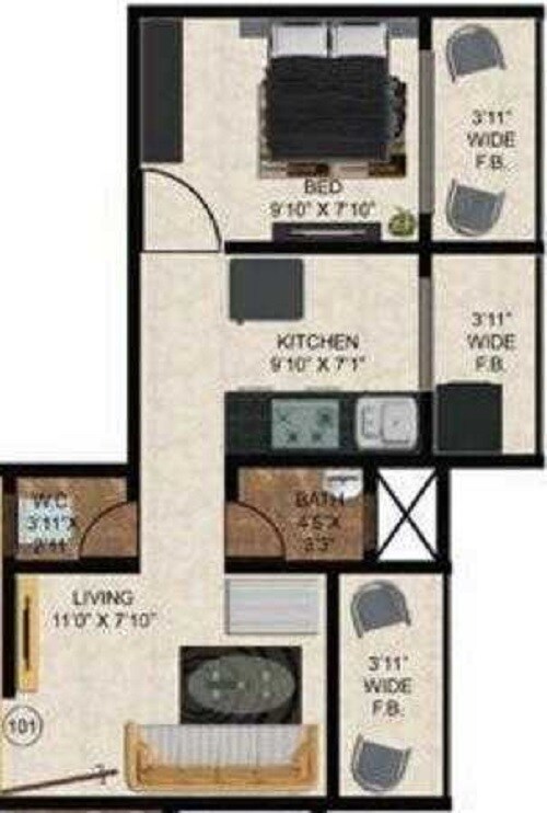 Floor plan of 1 BHK 525 Sq. Ft. Apartment in Ganraj Beauty Landmark, Mumbai