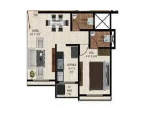Floor plan of 1 BHK 680 Sq. Ft. Apartment in Ganraj Beauty Landmark, Mumbai