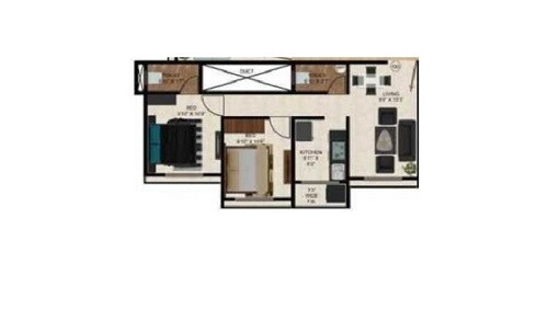 Floor plan of 2 BHK 840 Sq. Ft. Apartment in Ganraj Beauty Landmark, Mumbai