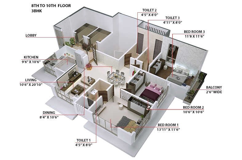 Floor plan of 3 BHK 999 Sq. Ft. Apartment in Garodia Girivan Pristino, Mumbai