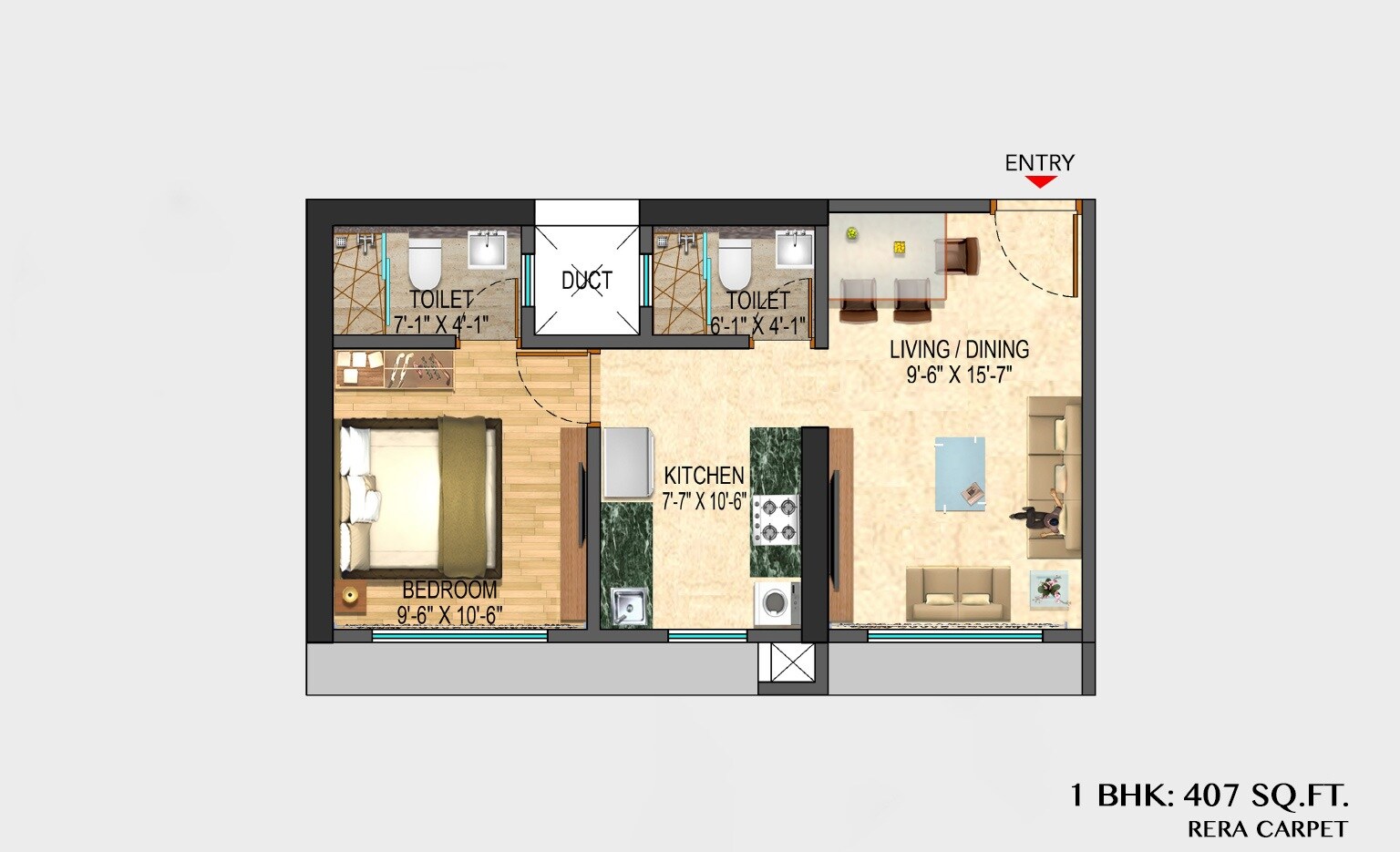 Floor plan of 1 BHK 408 Sq. Ft. Apartment in Gauri Elegance, Mumbai
