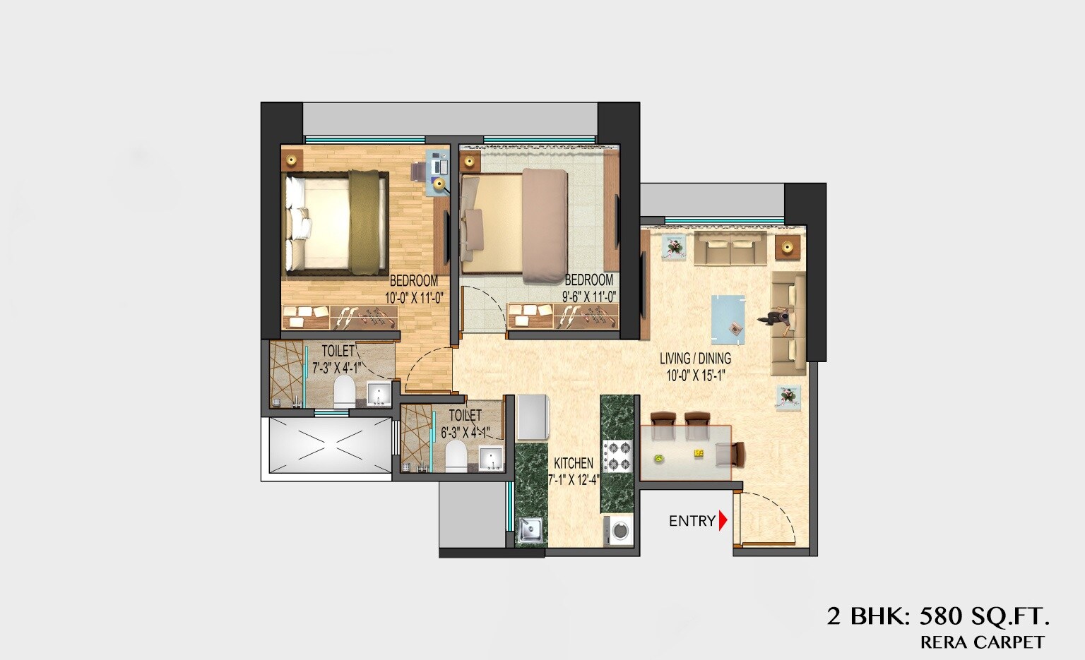 Floor plan of 2 BHK 580 Sq. Ft. Apartment in Gauri Elegance, Mumbai