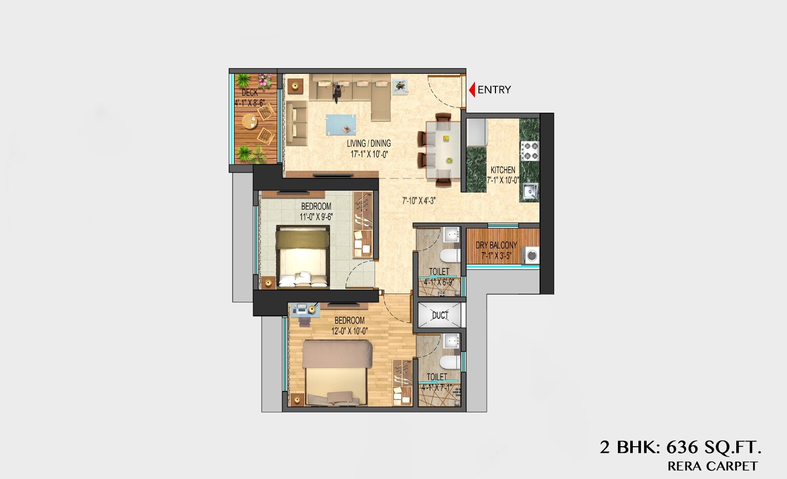 Floor plan of 2 BHK 636 Sq. Ft. Apartment in Gauri Elegance, Mumbai