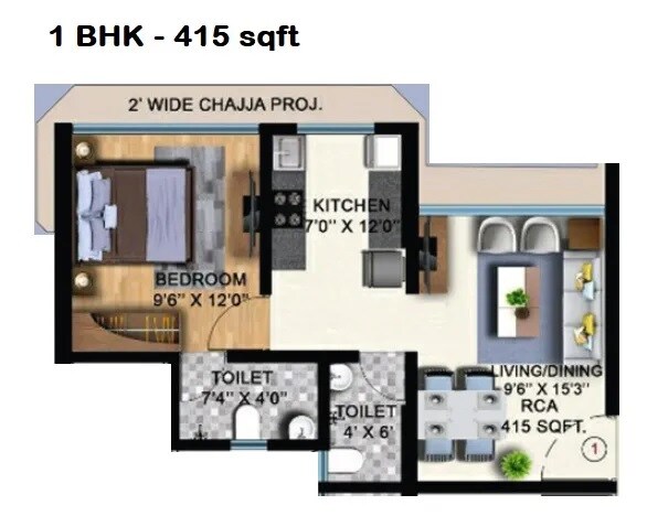 Floor plan of 1 BHK 415 Sq. Ft. Apartment in Gauri Milestone, Mumbai