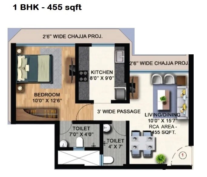 Floor plan of 1 BHK 455 Sq. Ft. Apartment in Gauri Milestone, Mumbai