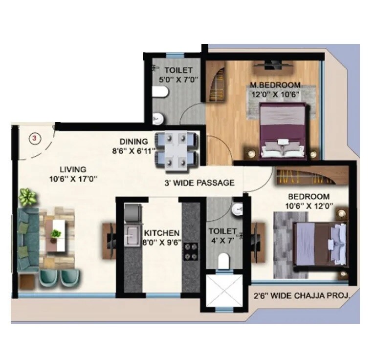 Floor plan of 2 BHK 505 Sq. Ft. Apartment in Gauri Milestone, Mumbai