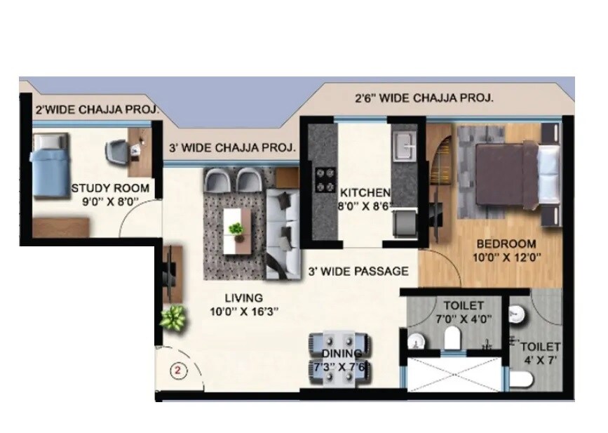 Floor plan of 2 BHK 810 Sq. Ft. Apartment in Gauri Milestone, Mumbai