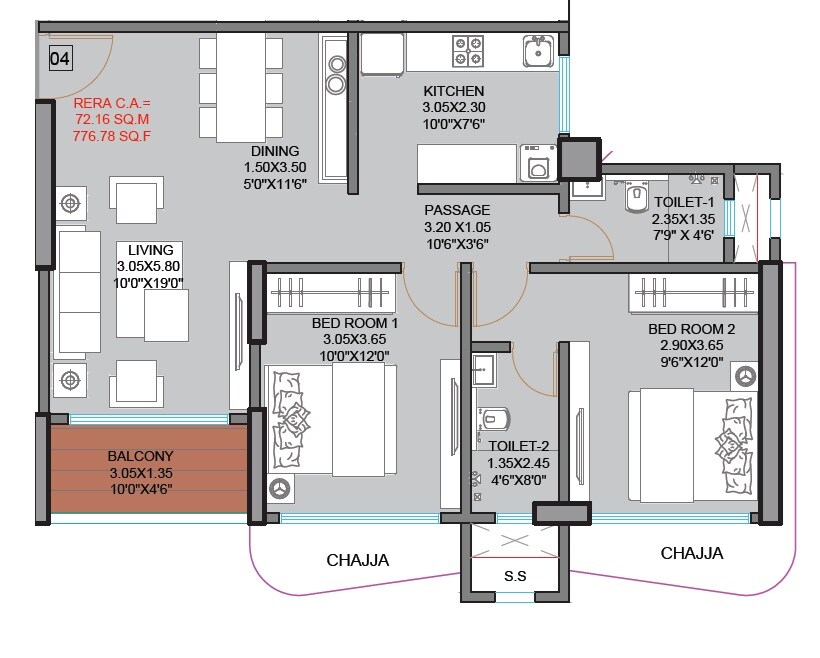 Floor plan of 2 BHK 776 Sq. Ft. Apartment in GBD Ram Setu Bhavan, Mumbai