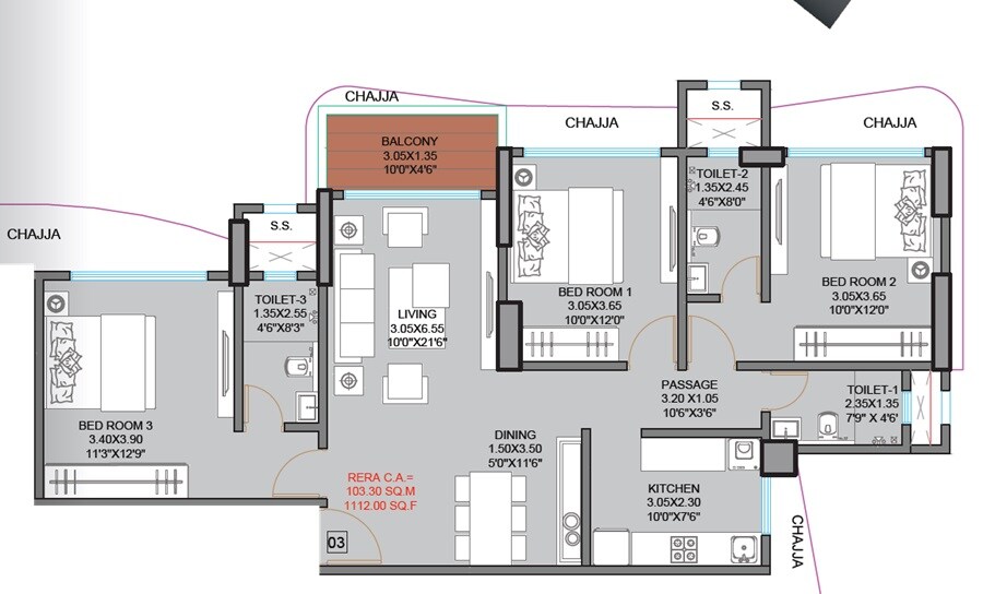 Floor plan of 3 BHK 1112 Sq. Ft. Apartment in GBD Ram Setu Bhavan, Mumbai