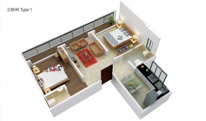 Floor plan of 2 BHK 681 Sq. Ft. Apartment in GBD Realty Siddhi Vinayak Grandeur, Mumbai