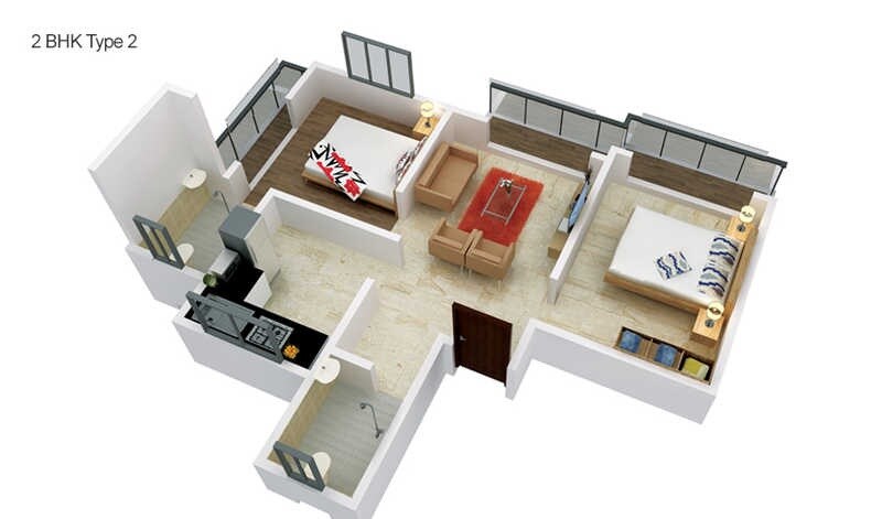 Floor plan of 2 BHK 739 Sq. Ft. Apartment in GBD Realty Siddhi Vinayak Grandeur, Mumbai
